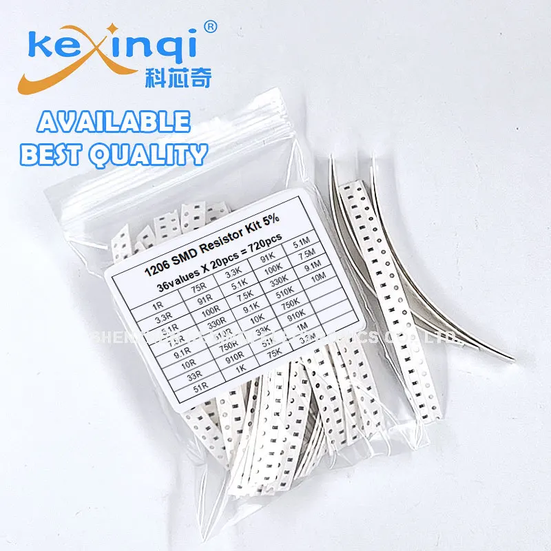 720Pcs Set of Resistors 1206 SMD Resistor Kit 1/4W 0.25W 5% 1R~10M Ohm Component Diy 36Value X 20pcs 3.3 5.1 7.5 9.1 R K 10R