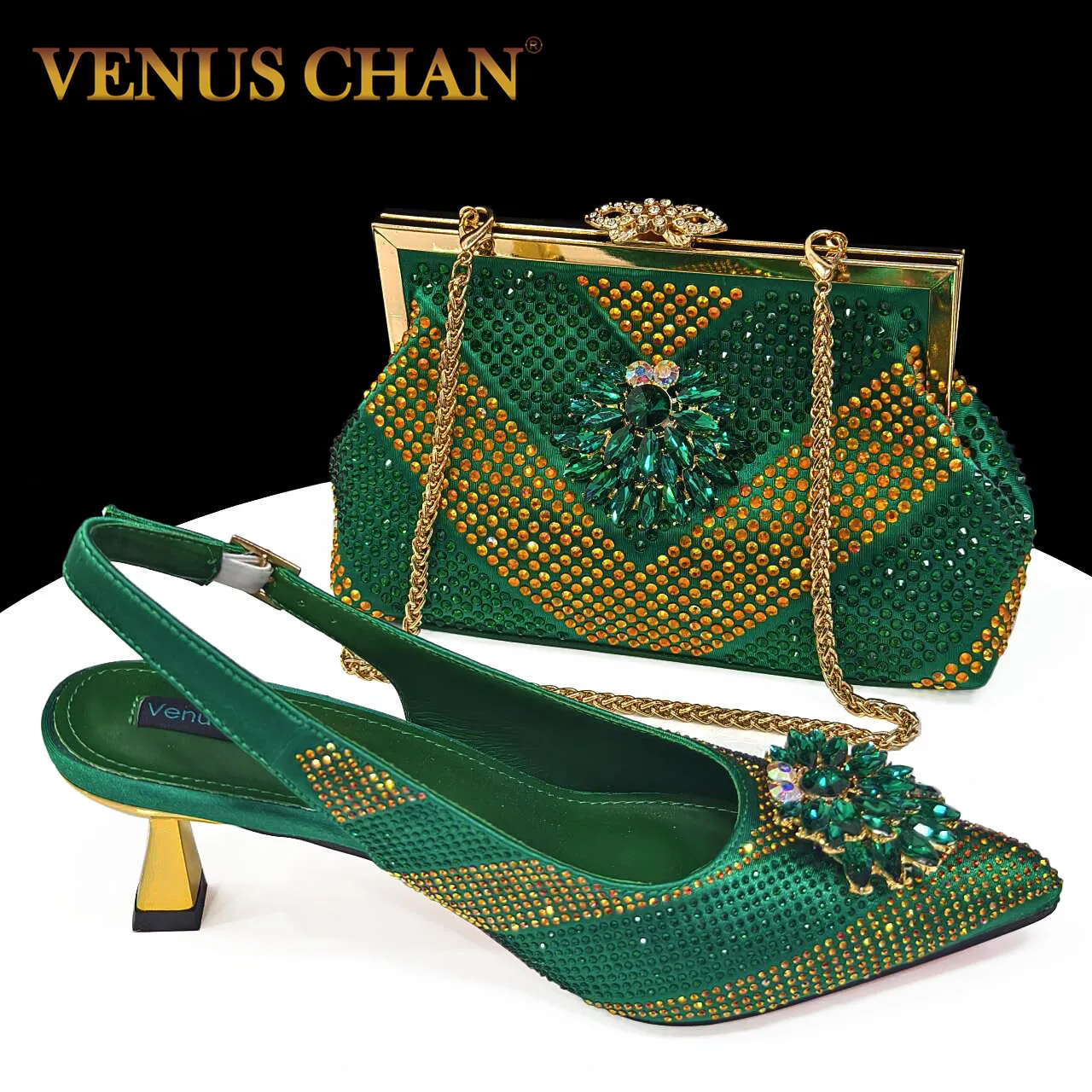 Venus Chan 2024 Green Rhinestone High Heels Pointed Toe Mixed Color Sexy Ladies Shoes With Clutch Bag Set For Luxury Party