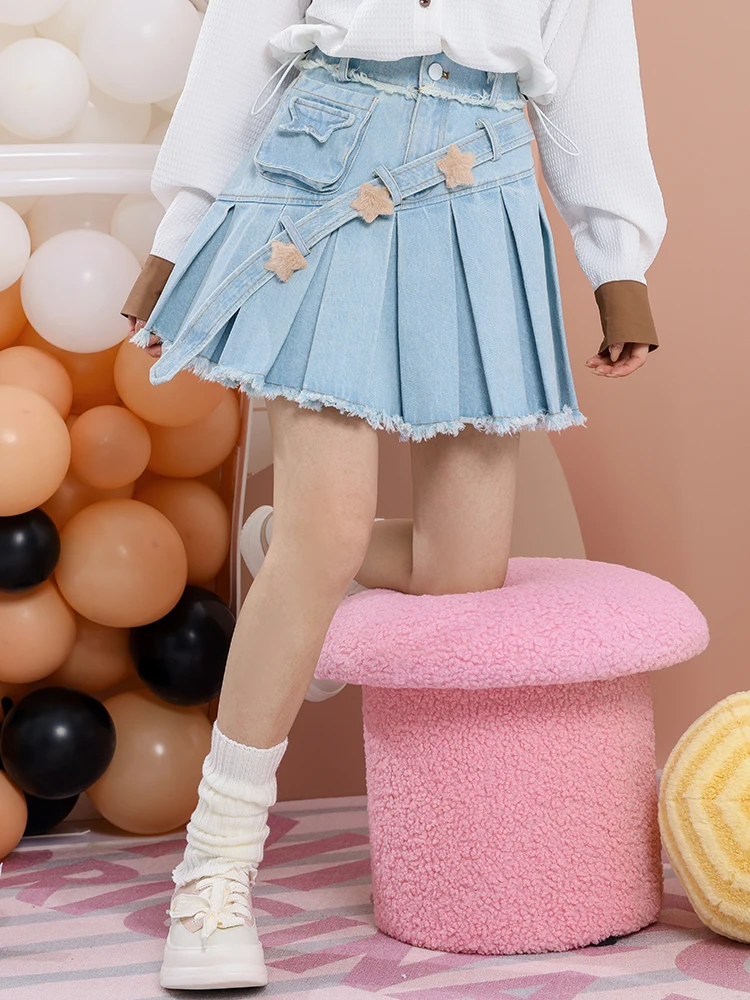 

Асимметричная джинсовая короткая юбка с плиссировкой, весна-осень, для повседневной носки, для города, для работы, женская, повседневная, приталенная, средней длины