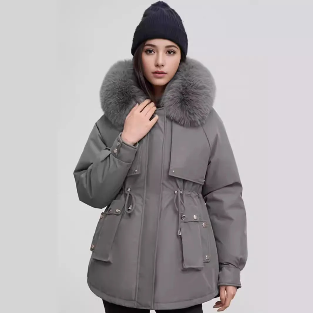 Women\'s Padded Jacket 2024 Winter Women\'s Cotton Jacket Fur Collar Thicken Warm Parkas Coats Female Pure Color Thicken Coats