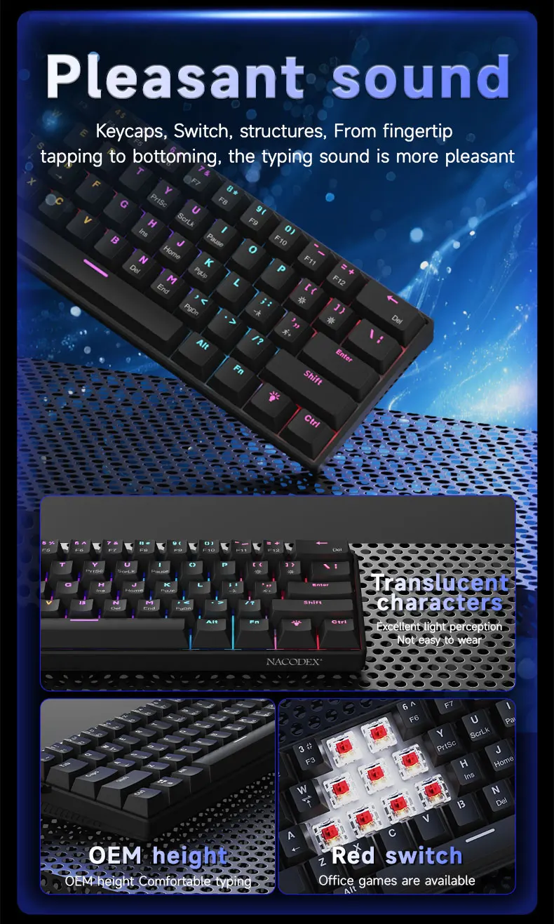 AJAZZ NK61 Kabelgebundene Mechanische Gaming-Tastatur, Unterstützt Vollständigen Hot-Swap, Geeignet für Büroarbeit und Gaming – Detail 6