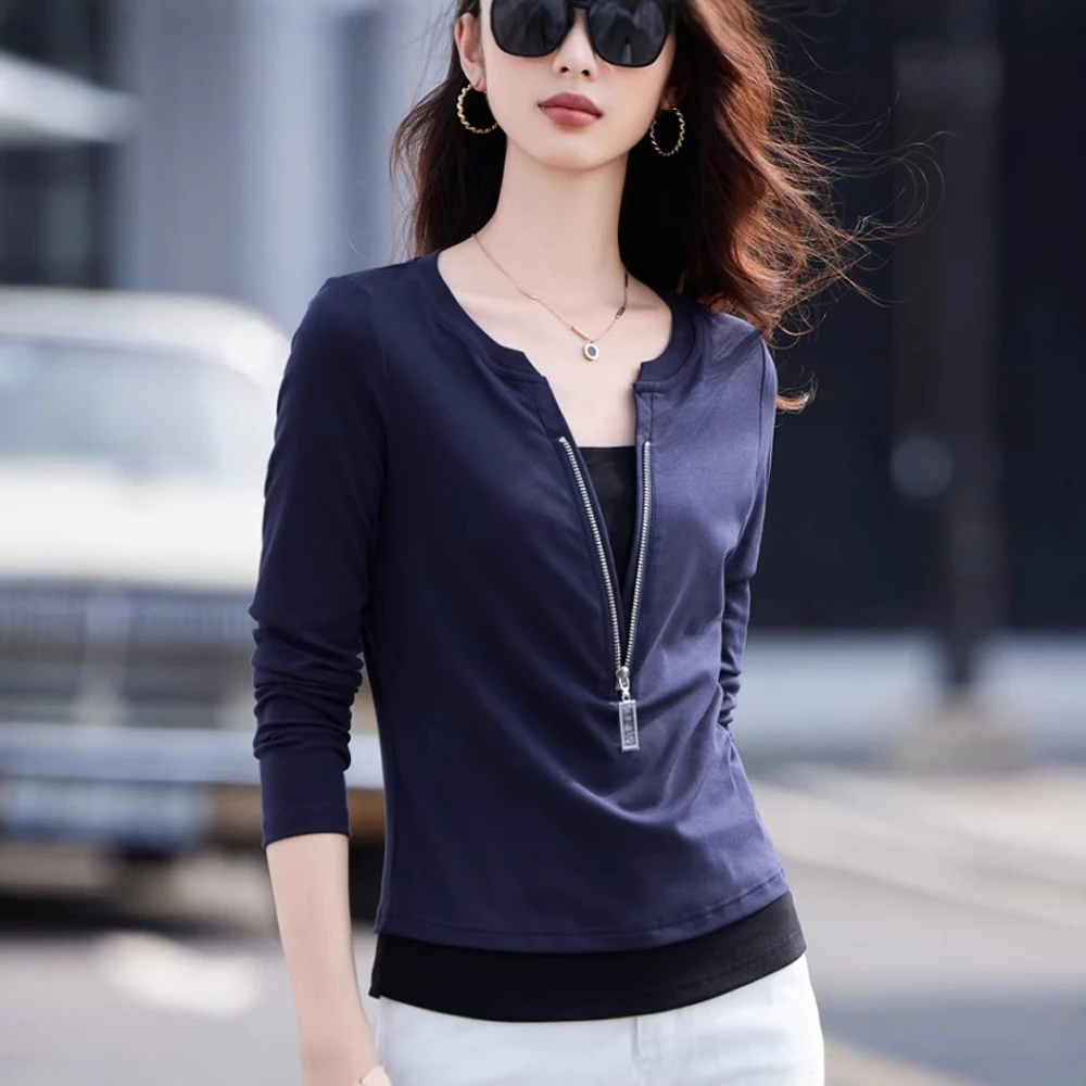 

Deep blue fake two piece long sleeved T-shirt for women's autumn new fashion plus size cotton zipper splicing V-neck casual top