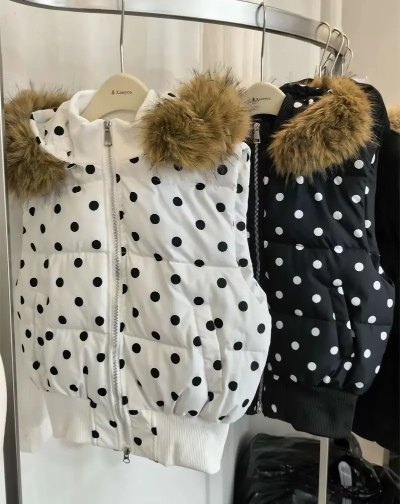 Collar Hooded Women Vests Jackets Y2k Harajuku Polka Dot Waistcoat Coat Casual Zipper Gothic Sleeveless Cotton Parkas