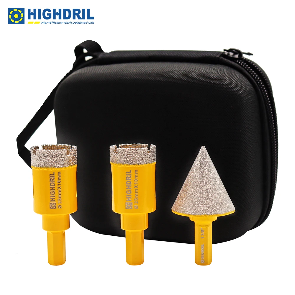 

HIGHDRIL Diamond Core Bits Triangle Shanks 3pcs/set 25mm Drill Bits+Chamfer Bit Granite Marble Ceramic Vacuum Brazing Hole Saw