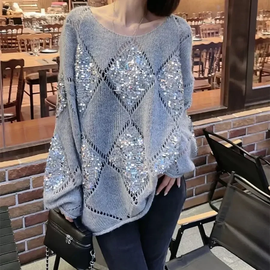 

Women Sweaters Knitted Loose Solid Pullovers Sequin Regular Full Sleeve Splice Round Neck Casual Thin Top 2023 Autumn Winter