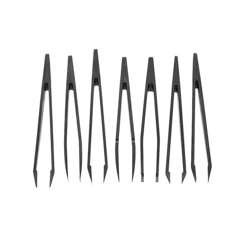 ABRW-14Pcs Black Plastic Antistatic Flat Bottomed Top End Tweezers Hand Tools Set