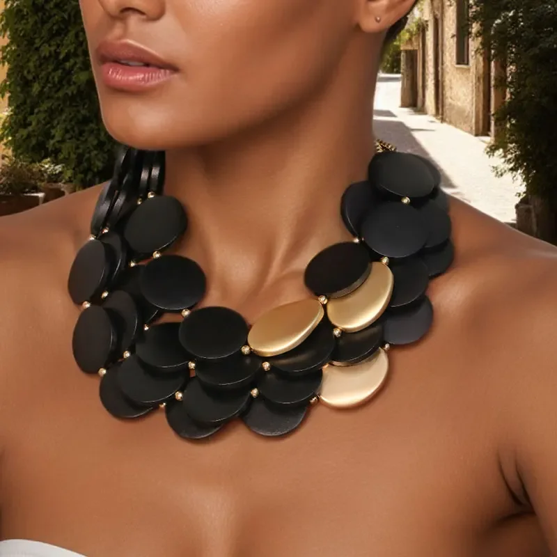 

Элегантное черное многослойное преувеличенное ожерелье, модное ожерелье, деревянные бусины ручной работы для женщин и девочек, модные вечерние украшения