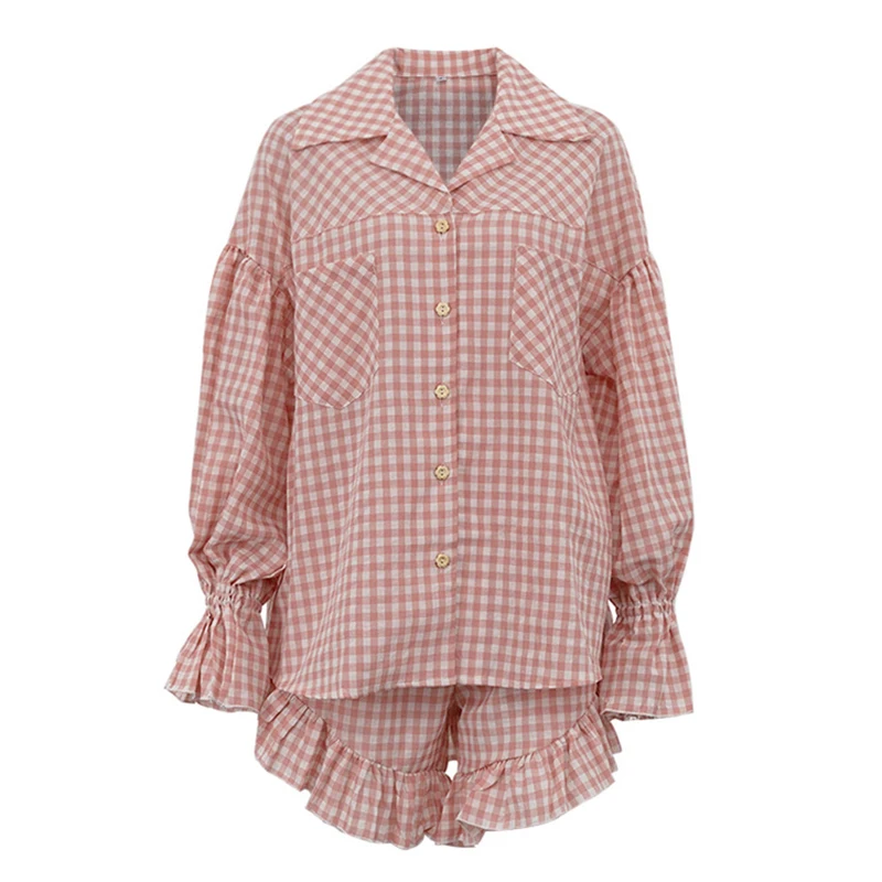 Women Elegant Two Piece Set Stripe Loose Shirt with High Waist Ruffled Shorts Spring Summer Casual Outfit Female Fashion - view 5