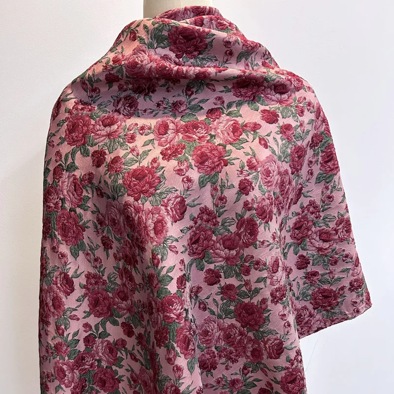 

Pre-cut 3D Rose Embossed Brocade, Pink Vintage Raised Floral Jacquard Fabric For Dresses Evening Wear Home Decor Craft Projects