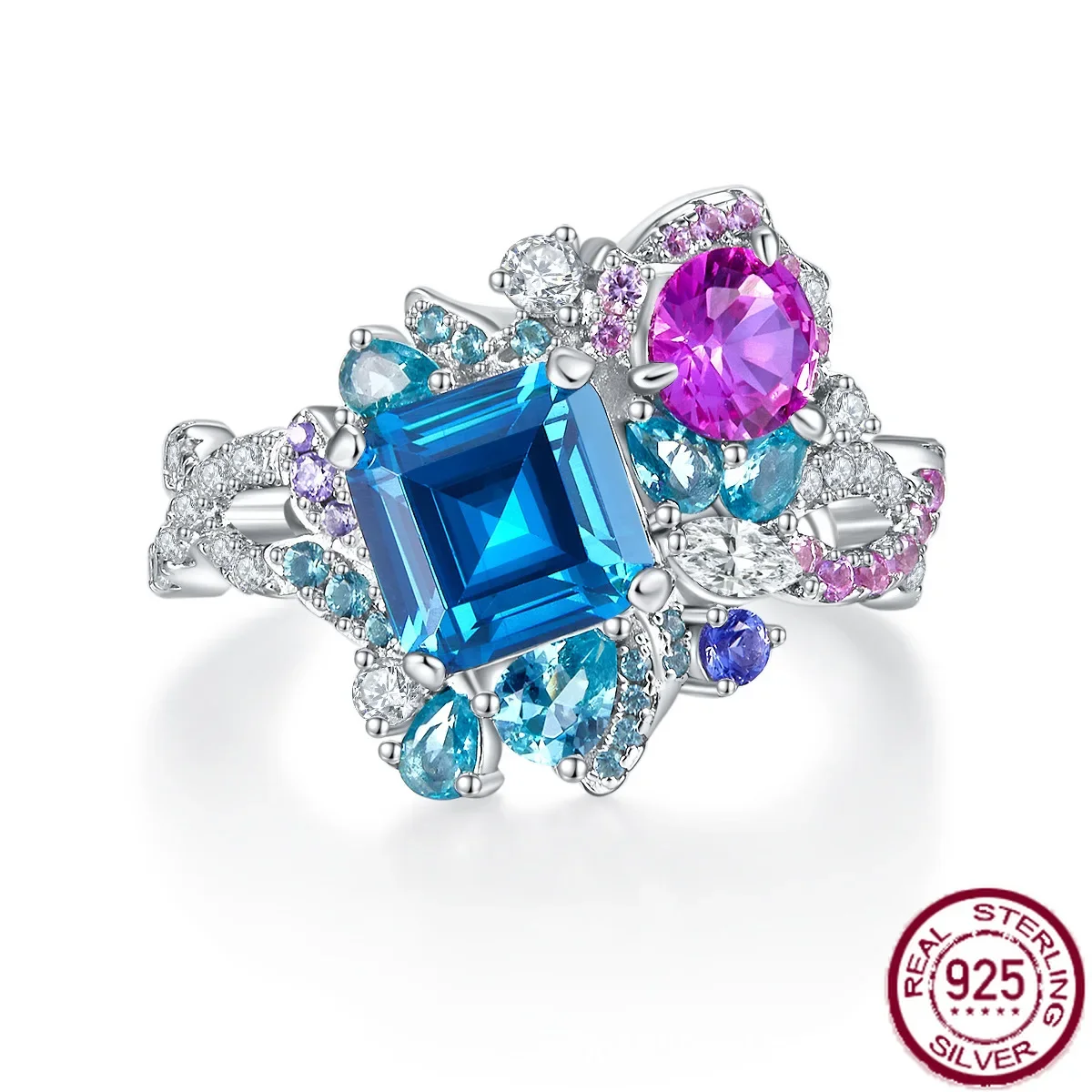 

New popular s925 pure silver full diamond sky blue full diamond garden fashion ring wedding jewelry