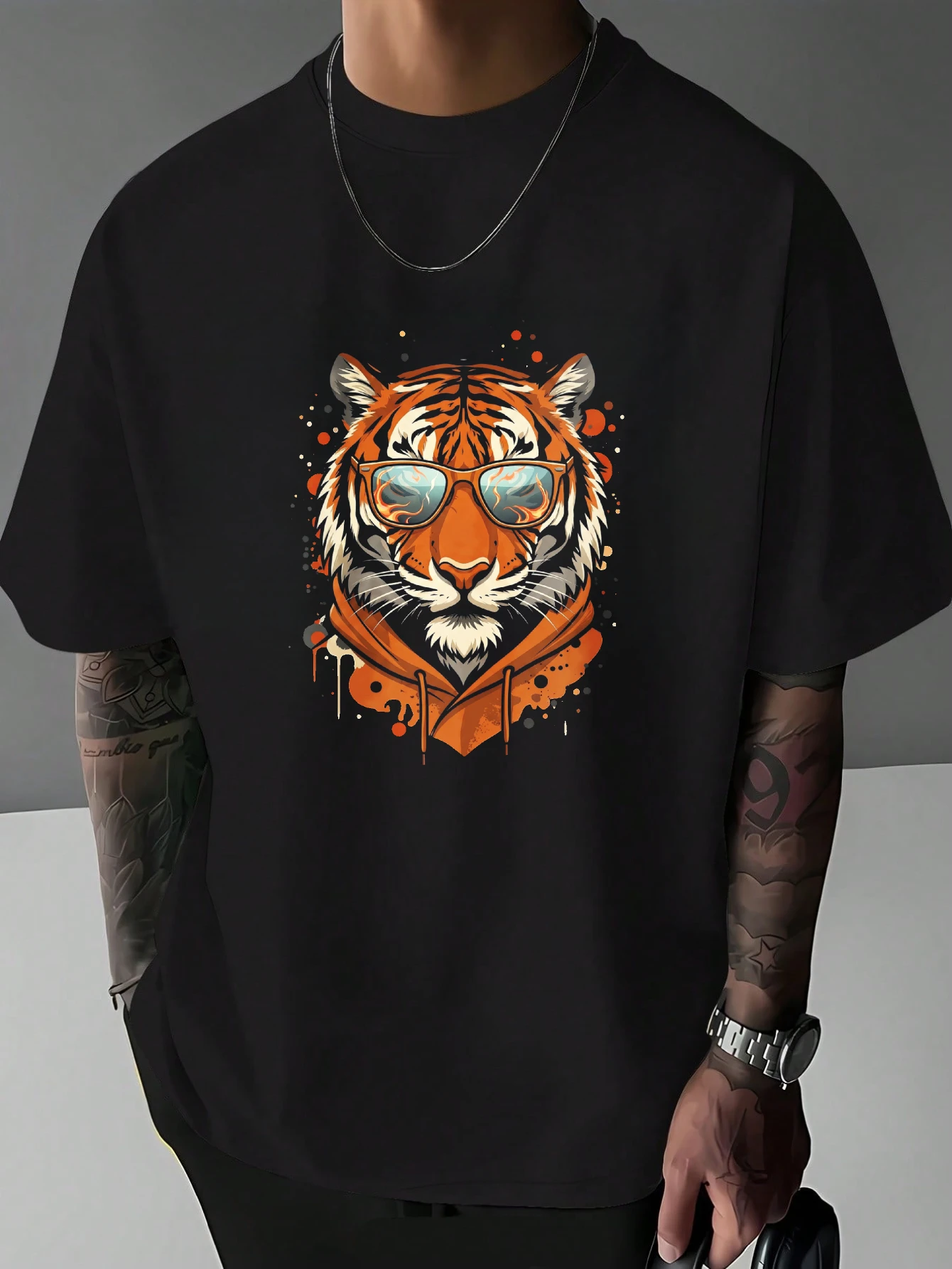 Mens Cool Tiger With Sunglasses Graphic T Shirt Street Style Animal Print Short Sleeve Crew Neck Casual Cotton Male Daily Tee