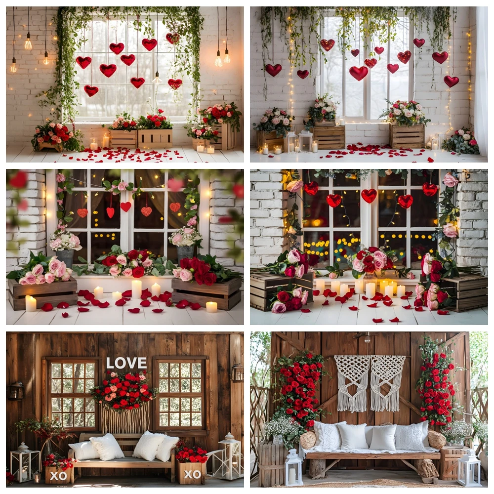 

February 14 Valentine's Day Photography Backdrop Red Rose Love Heart Window Wedding Party Couple Portrait Photo Background Decor