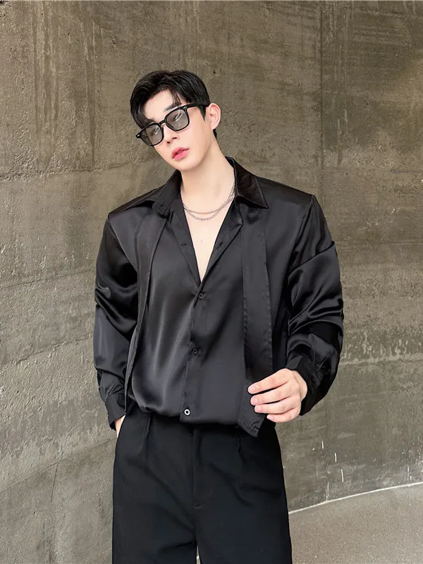 

Мужская рубашка в ретро-стиле с длинным рукавом, атласным эффектом и драпированным дизайном с завязками, осенняя коллекция, глянцевый вид, полиэстер