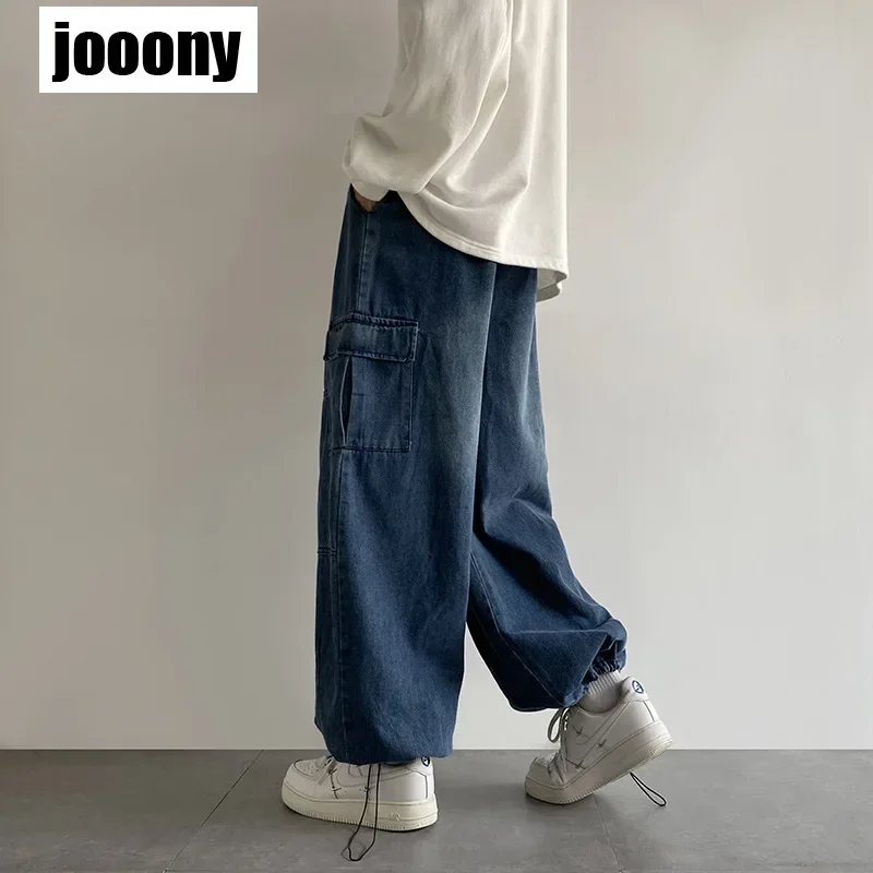 2023 Spring Fashion Wide Leg Baggy Jeans streetwear  For Men Hip Hop Elastic Waist Cargo Pants Solid Color Straight Loose Jeans