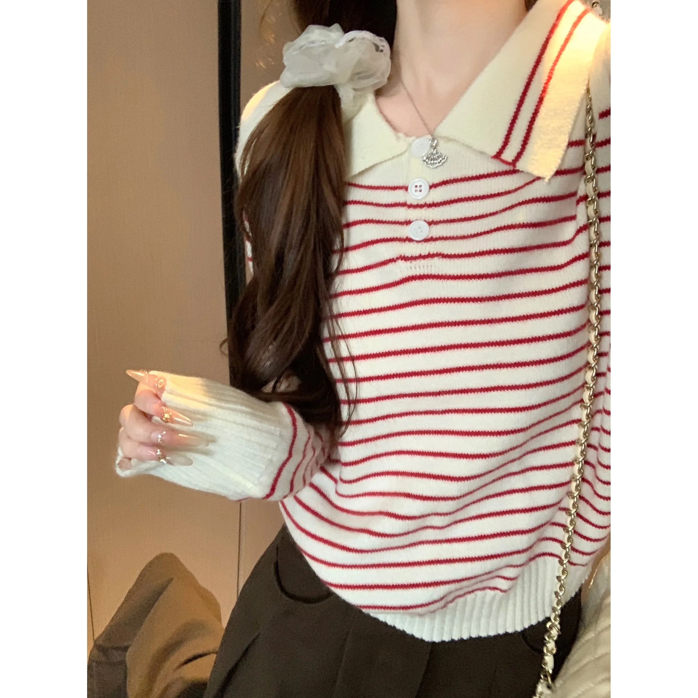 

Милый нежный красный полосатый свитер с воротником, женский осенне-зимний новый повседневный универсальный длинный вязаный топ све