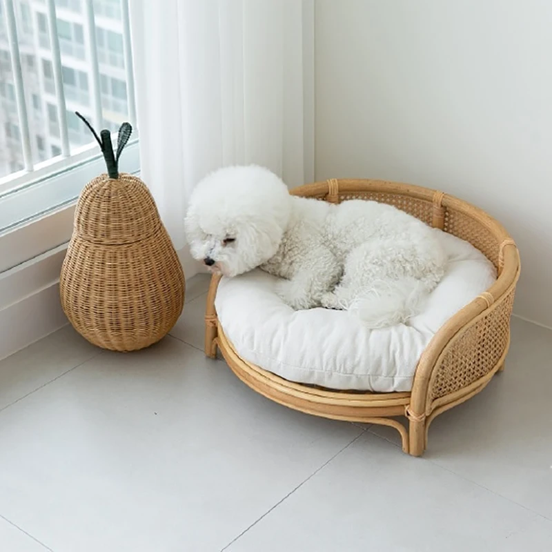 All Seasons Universal Cane Rattan Handmade Round Pet Cat Dog Bed with Cushion
