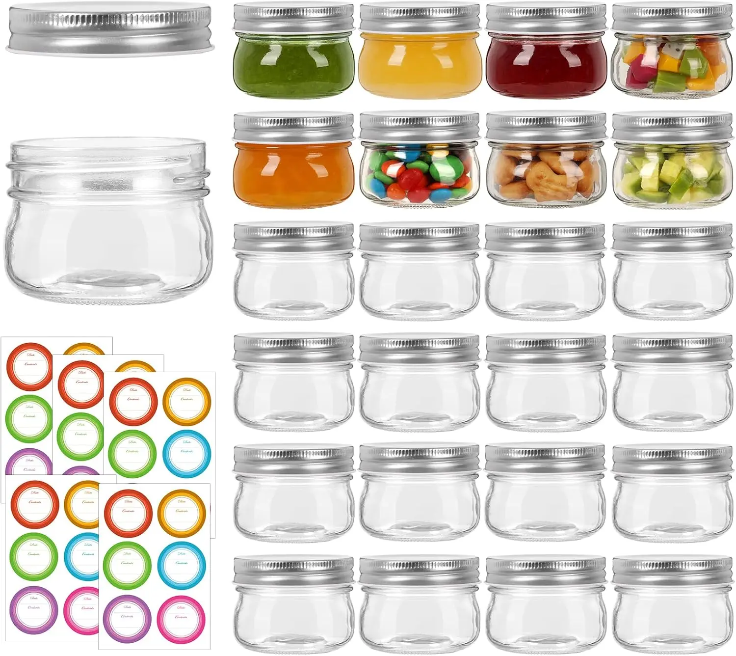 

4 oz Jars With Silver Lids, 24 Pack Regular Mouth Canning Jars for Jam, Honey, Yogurt, Spices, Snacks, DIY Projects, Weddi
