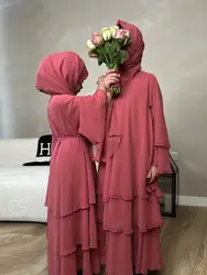 Caftán modesto de verano para mujer y niño, Hijab abierto de gasa, Kimono Khimar Abaya, conjuntos musulmanes de lujo de Dubái, Islam Kebaya Damen