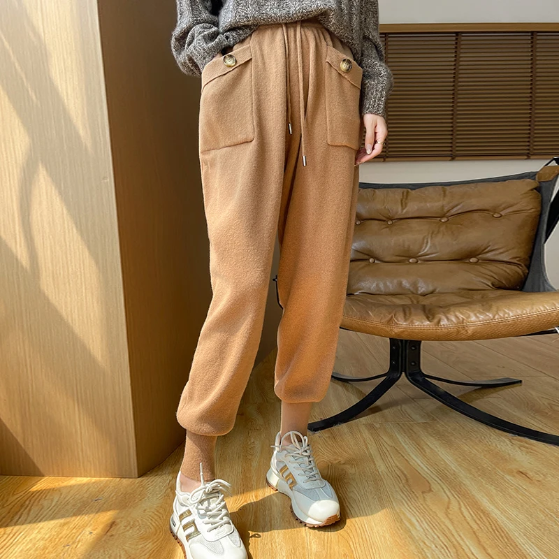 Autumn and Winter New Women's Pants 100% Pure Wool Straight Barrel Haren Pants Women's Knitted High Waist Hot Selling Wool Pants