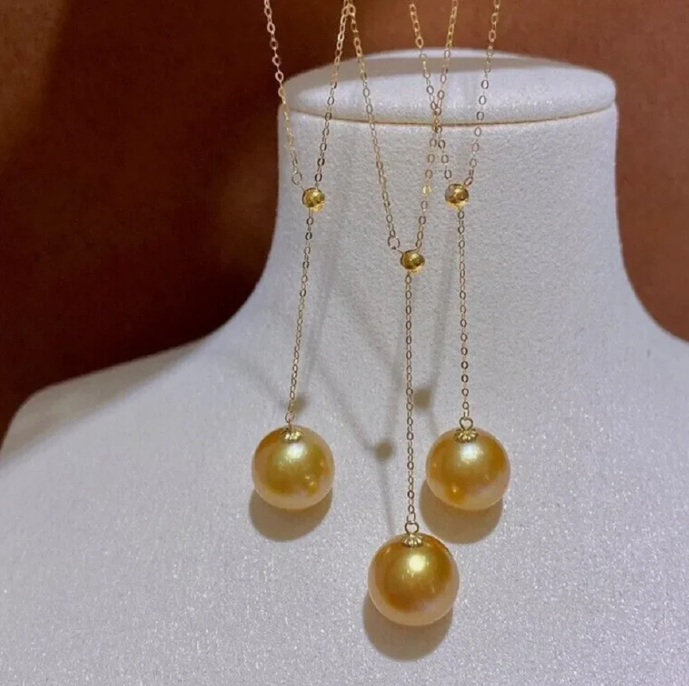 Gorgeous AAA+++12-11mm Round SouthSea Gold Pearl Pendant Necklace Gold 9-10mm 10-11mm  12-13mm