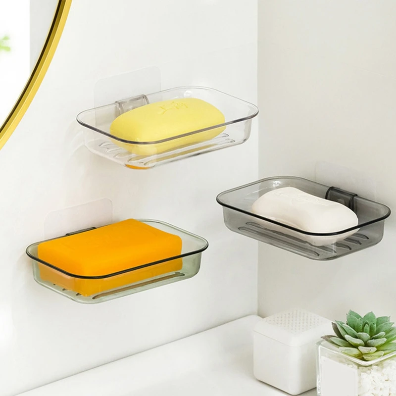 Easy Installation Soap Holder Kitchen Wall Mount Dish No Drill Modern Clear Drain Bar Shower Container C