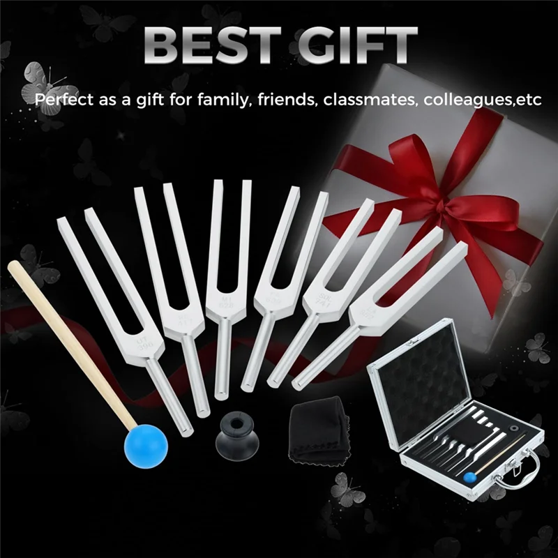 

Set Of 6 Tuning Fork (UT 396Hz, RE 417Hz, MI 528Hz, SOL 639HZ, FA741HZ, LA 852HZ) Silver With Wooden Hammer And Storage Bag
