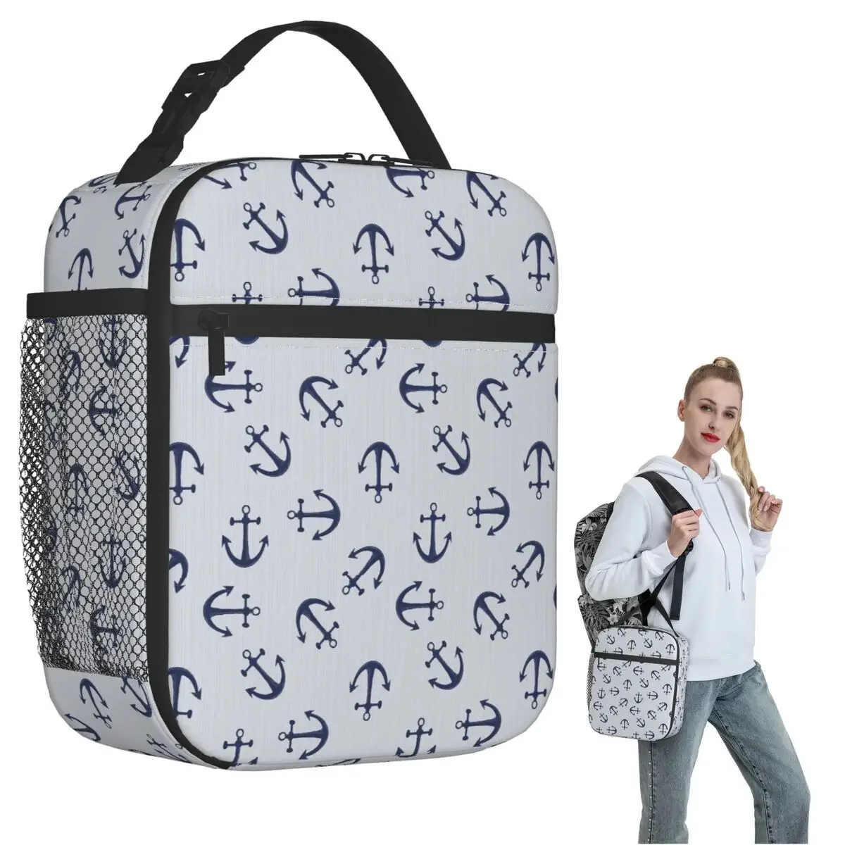 Maritime Pattern Of Blue Anchors On Light Gray Insulated Lunch Bag for Women Children Portable Food Boxes Thermal Lunch Box Tote