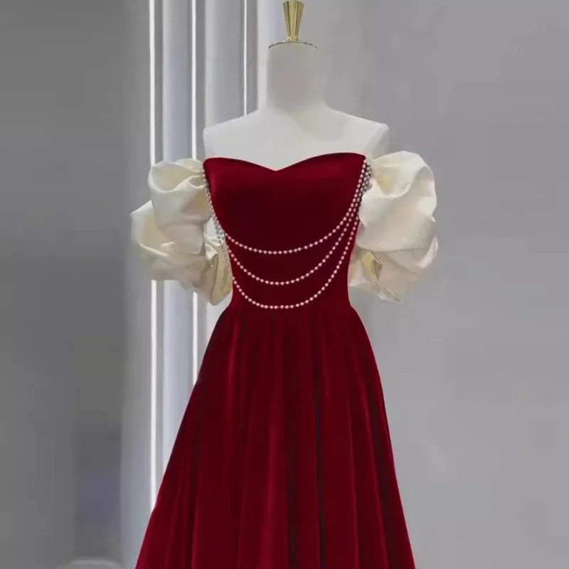 Customized French Style Wine Red Velvet Celebrity Dress Elegant Gentle Strapless Wedding Engagement Dresses Off Shoulder Vestido