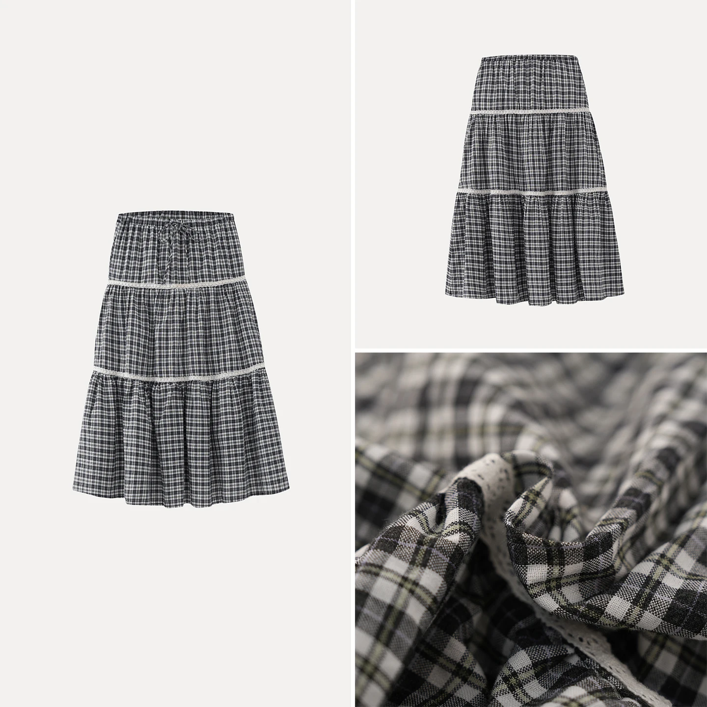 Women's Fashionable Lace Patchwork Plaid  Skirt Autumn 2026 Standard Fit Midi Dress ZADATA mid Waist Other Material
