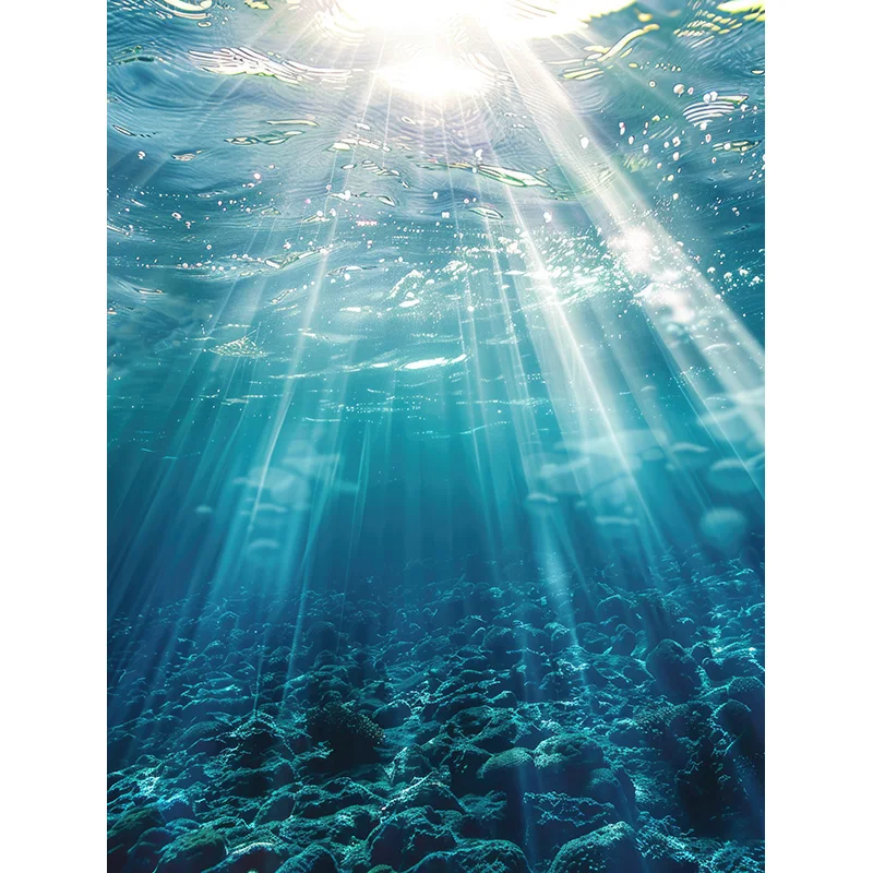 

Tropical Seascape Showcasing Coral Photography Backdrops Sunlight Shining Water Fishes Rays Ocean Reef Photo Background OE-10