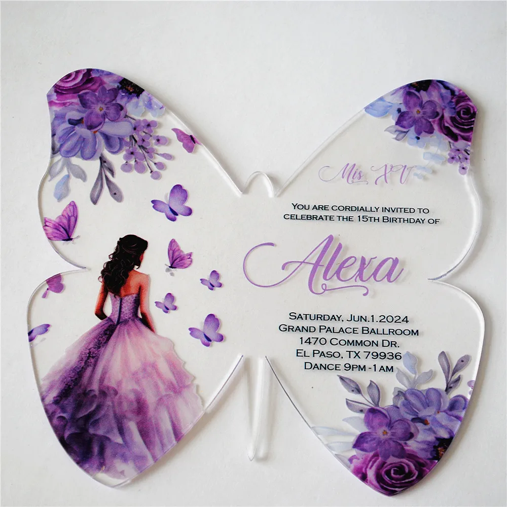 10pcs Girl Sweet 16 Birthday Bar Mitzvah Quinceanera Invitation Card Clear Acrylic Butterfly Custom Print Invite