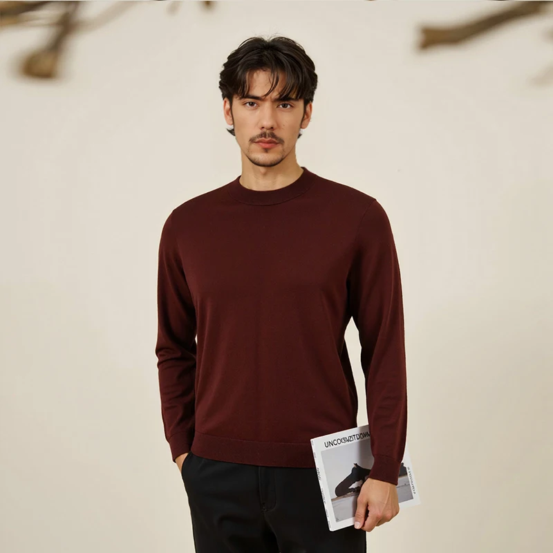 Kaos Rajut Wol 100% Pria Musim Gugur 2025 Kasual Kerah Bulat Slim Fit Tipis Jumper Lengan Panjang Wol Domba Superhalus Atasan Pullover