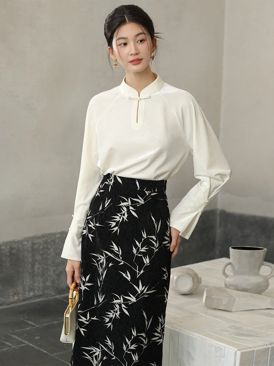 

Новая женская бархатная блузка в китайском стиле с воротником-каплей, на пуговицах, свободного кроя, с длинными рукавами, укороченная, из полиэфирного волокна