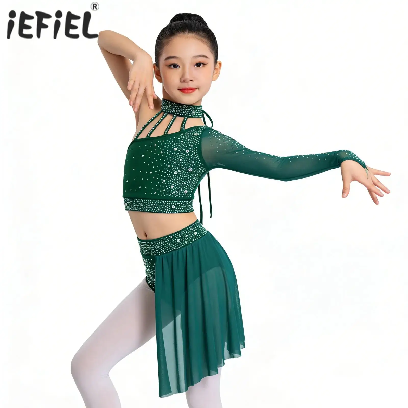 

Kids Girls Shiny Rhinestone Gymnastics Artistic Figure Skating Costume Ballet Lyrical Dance Outfits Crop Top with Skirt Briefs