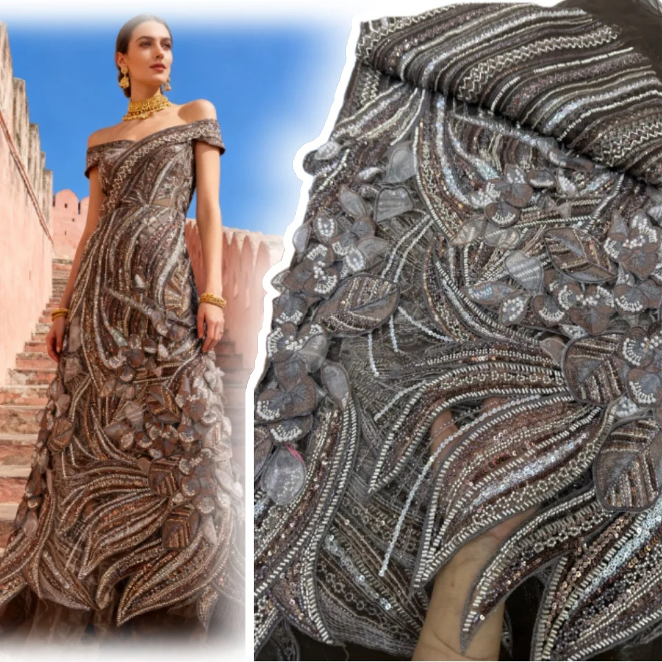 

3D African Beaded Lace Fabric with Sequins 2026 High Quality Nigerian Bridal Tulle Embroidery for Wedding Dress Material 1894