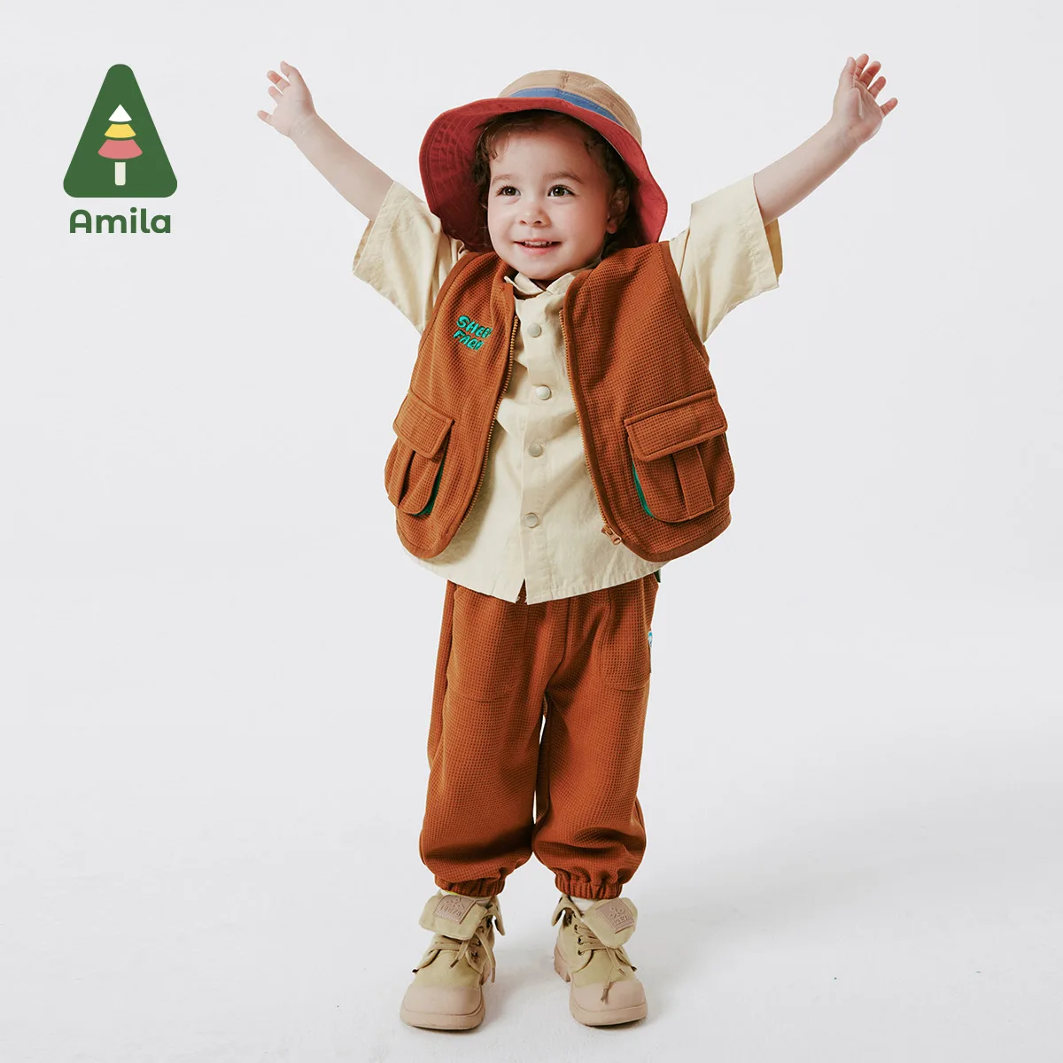 Amila 2024 Spring New Boys\' Vest Set Three-Dimensional Pocket Cargo Style Cotton Fabric Comfortable Outdoor Baby Clothing