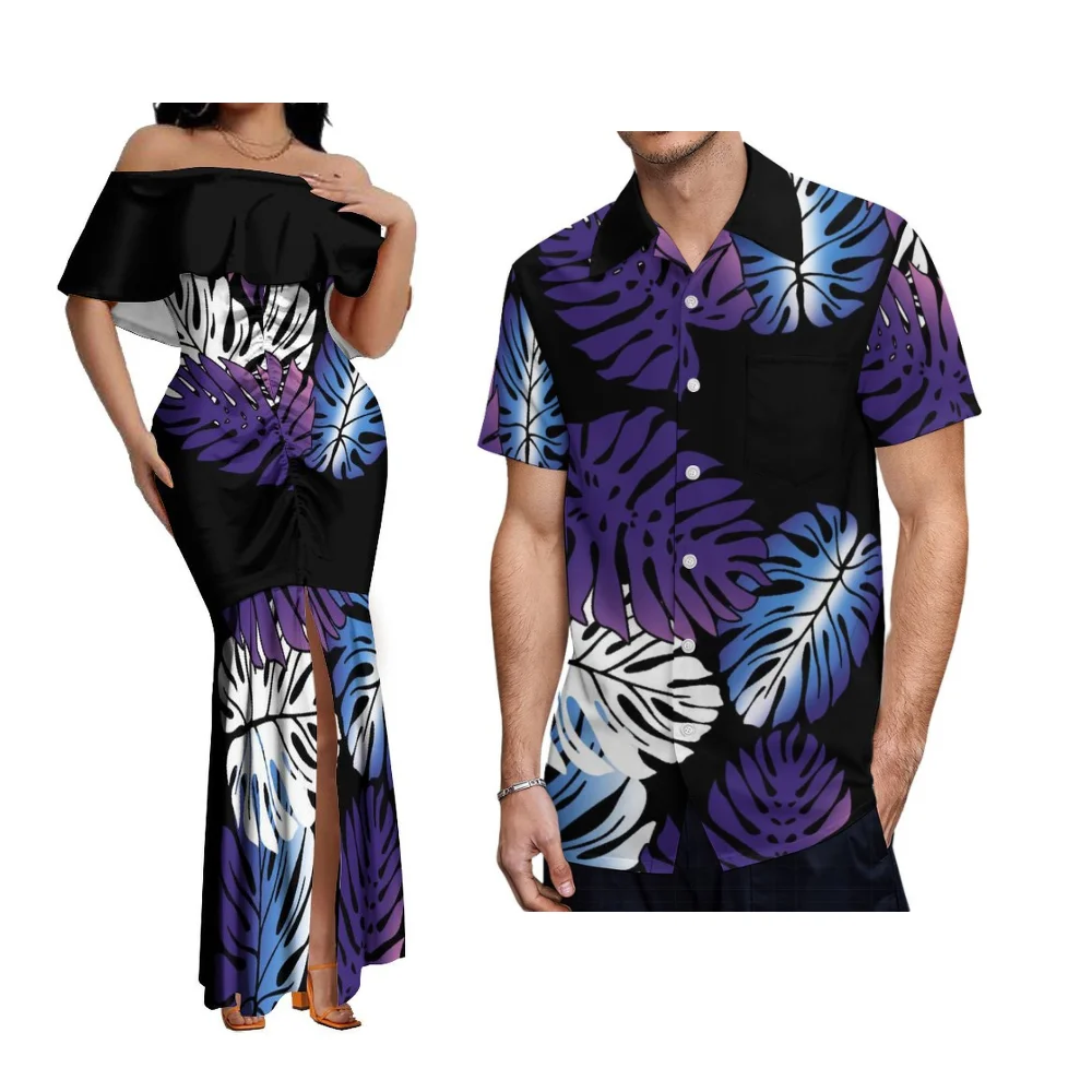 Summer Island-Style Couple Sets Women'S One-Shoulder Floor-Length Fishtail Dress Polynesian Island Samoan And Men'S Aloha Shirt
