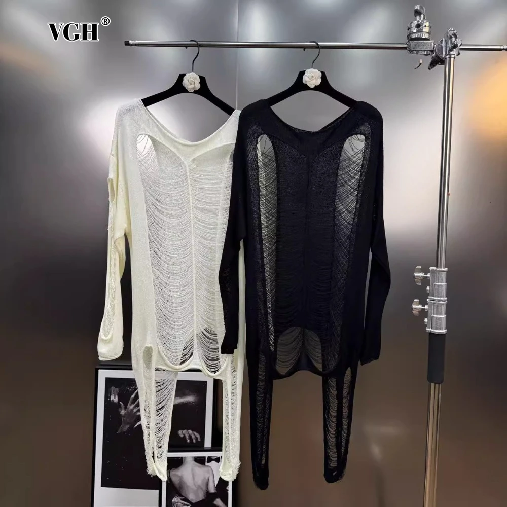 

VGH Streetwear Spliced Hollow Out Summer Knitwear for Women Round Neck Long Sleeve Patchwork Asymmetrical Designer Tees Female