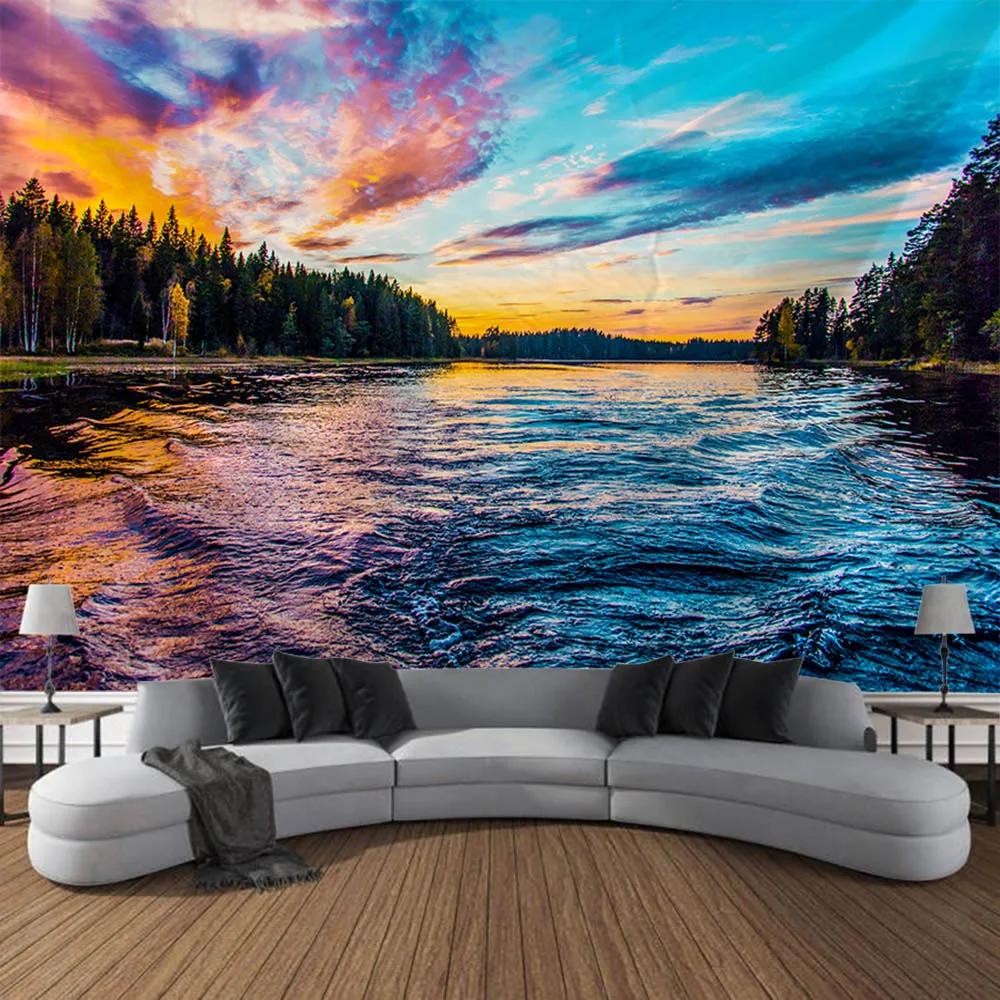 Natural landscape tapestry, forest, river, aesthetic background poster, home and dormitory wall hanging, art decoration blanket