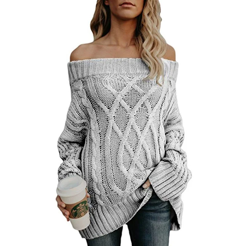 Sexy Women's Slash Neck Long Sweater Hollow Out Coarse Cable Knit Oversized Sweaters Autumn Winter Warm Fluffy Sweater Women