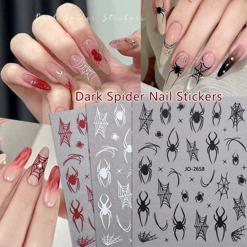 ฮาโลวีนองค์ประกอบสติกเกอร์เล็บ Skull Ghost ตลก 3D Spider Webs Designs Sliders Self-Adhesive Decals สําหรับเทศกาลเล็บ