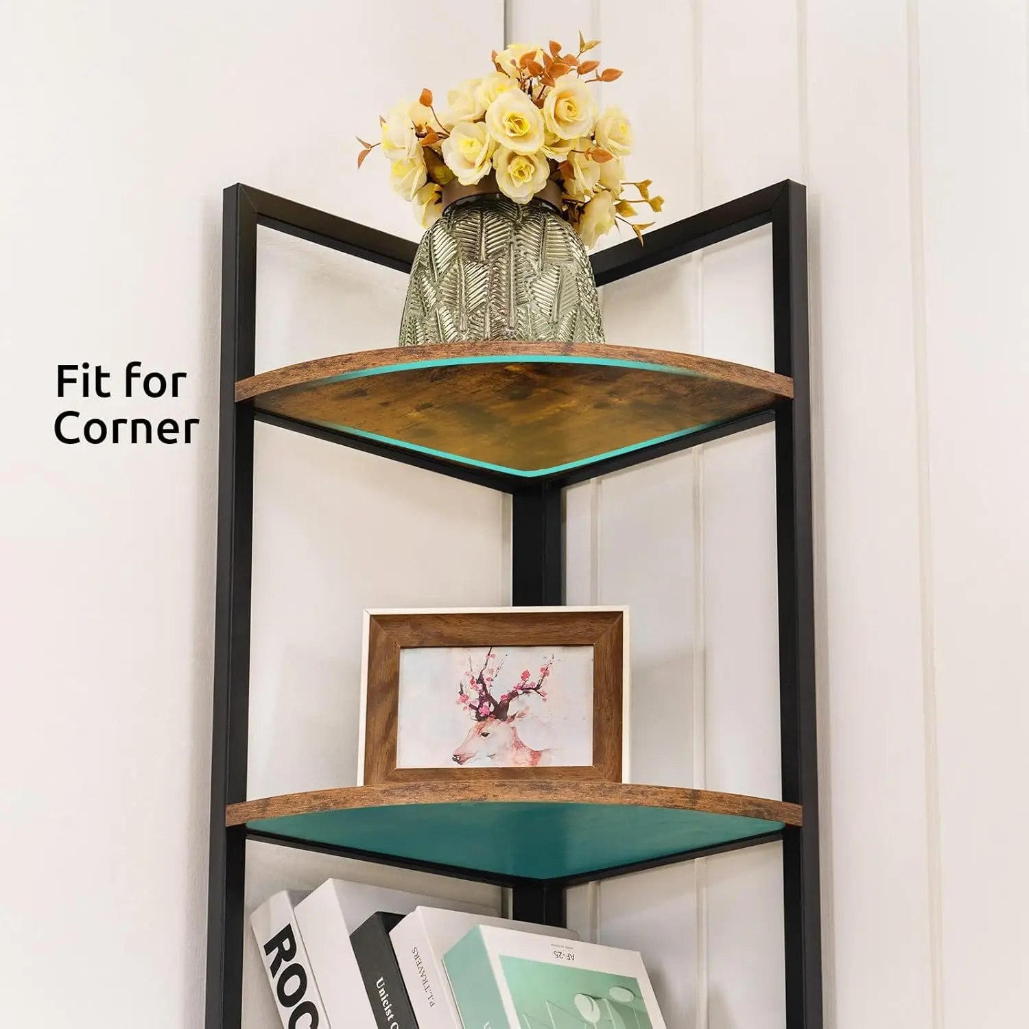 

5 Tier Corner Shelf, Industrial Corner Bookshelf with Metal Frame, Rustic Corner Storage Rack Shelves Display Plant Flower,