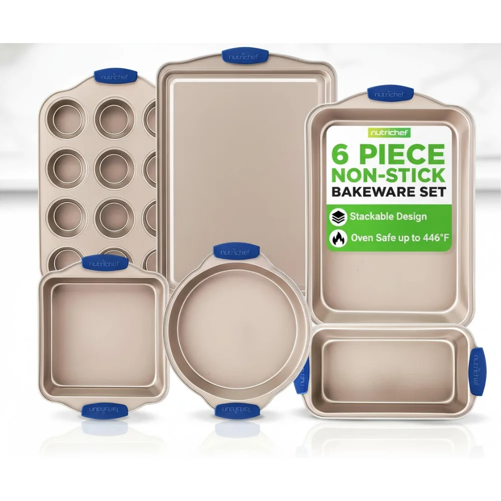 

Набор форм для выпечки с антипригарным покрытием из 6 предметов — противни для выпечки из углеродистой стали с термостойкими ручками для домашних пекарей и любителей кулинарии