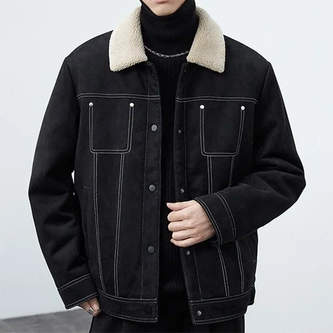 New Fashion Suede Patchwork Imitation Lamb Hair Lapel Casual Jacket, Solid Color Single-breasted Jacket Men's Autumn and Winter