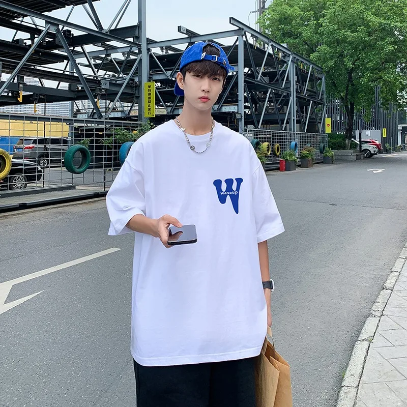 American Printed Pure Cotton 2024 Short Sleeved T-shirt for Men with European and American Style Hip-hop Loose Half Sleeves