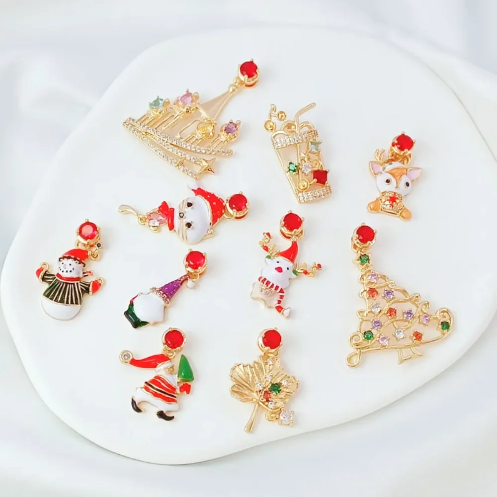 14K Gold-plated Zirconium-inlaid Oil-dripping Christmas Series Pendant Handcrafted DIY Bracelet Accessory Snowman Christmas Tree
