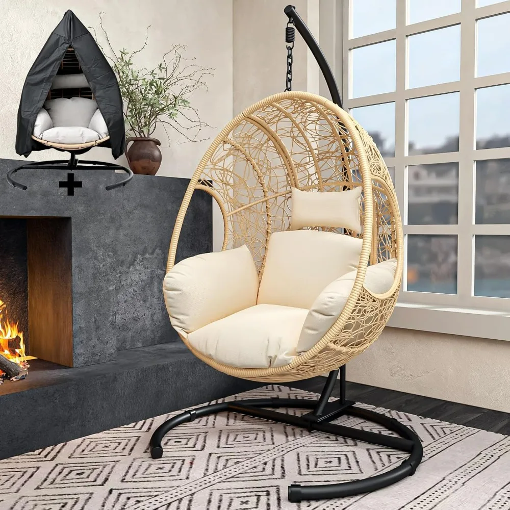 Oversized Hanging Egg Chair Outdoor Wicker Swing Chair with Stand Rain Cover UV Resistant Cushion 400lbs Capacity for Patio