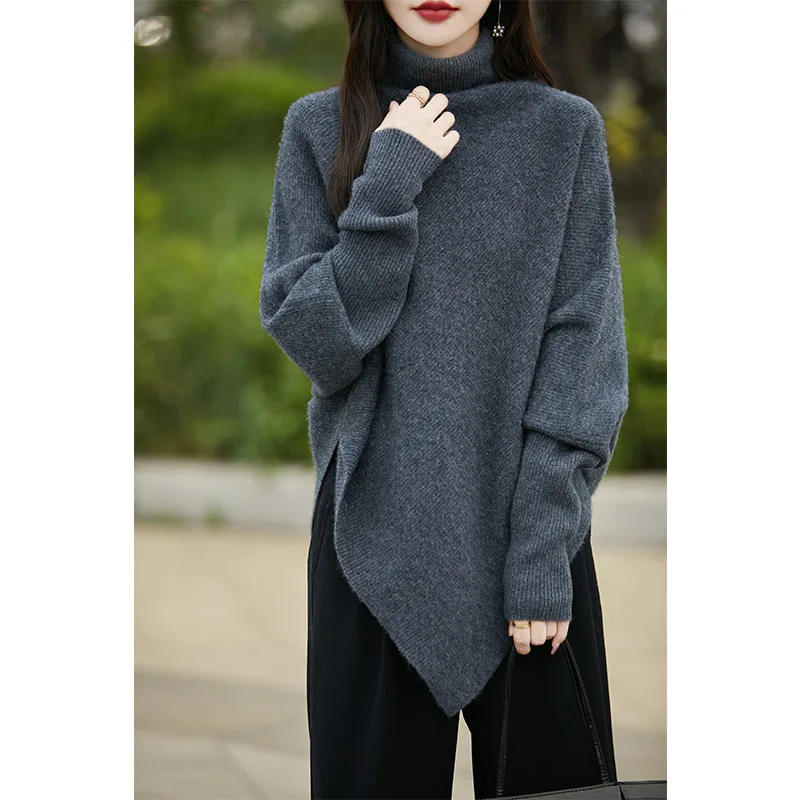 High Neck Long Sleeved Solid Color Wool Sweater For Women\'s Autumn Winter French Fashion Turtle Diameter Jumper Loose Knit Shawl