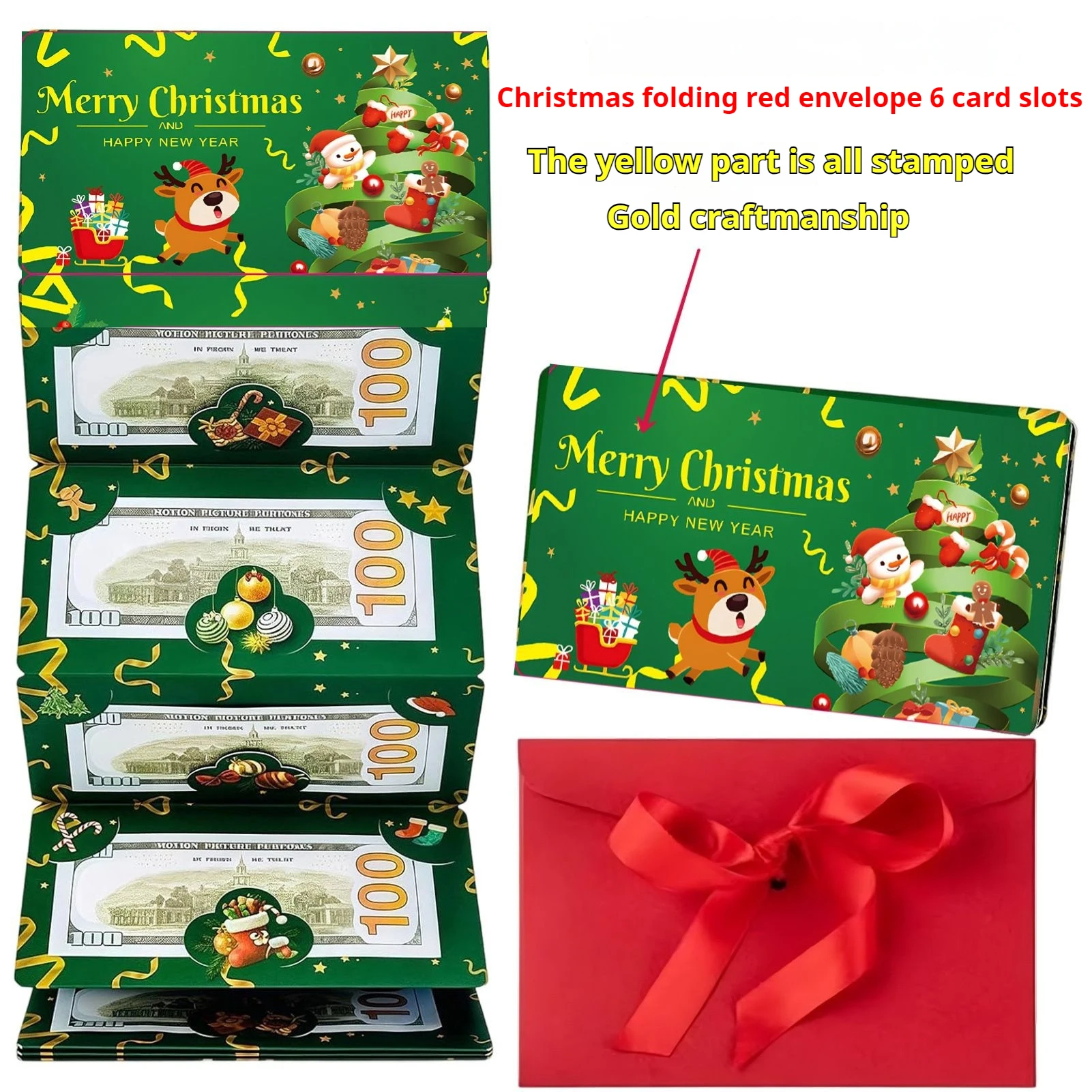 Enveloppe rouge en feuille d'or du père noël, 6 emplacements pour cartes, pliable, bricolage, cadeau de vacances créatif pour noël et nouvel an