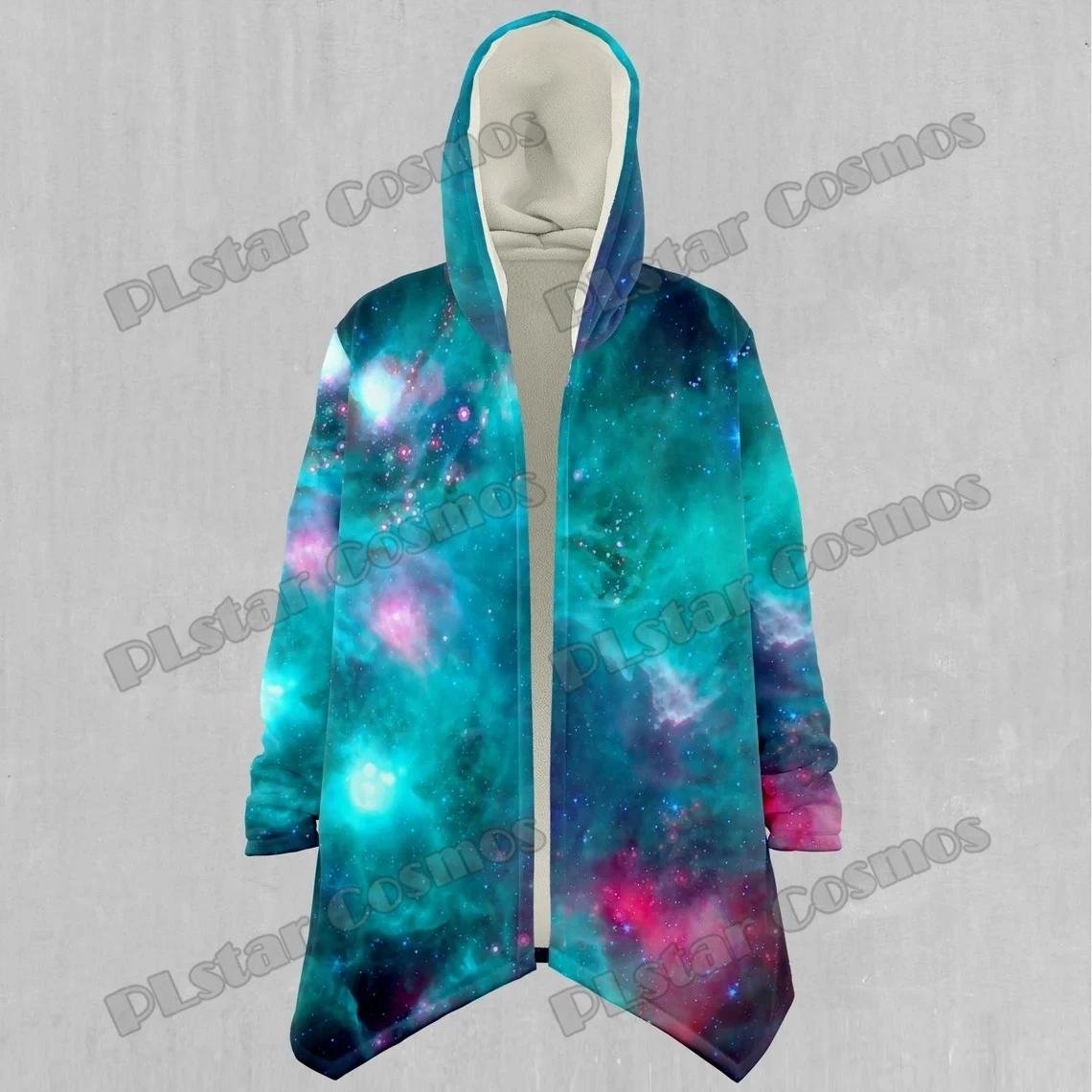 Galaxy Aurora Blue Nebula Space Pattern 3D Printed Mens Sherpa Lined Hooded Cloak Winter Unisex Casual Thick Warm Cape Coat DP77